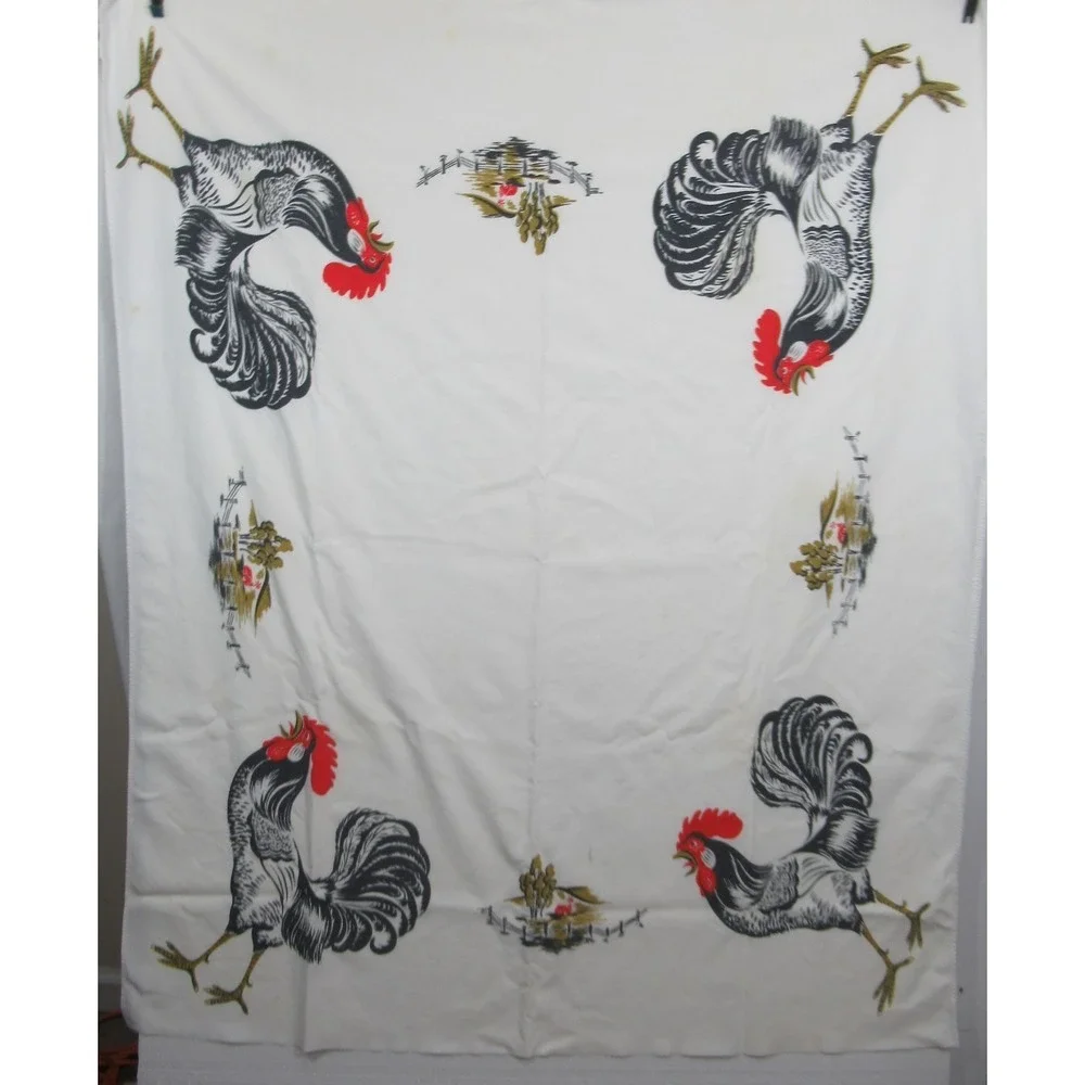 Vintage 40s 50s California Hand Prints Rooster Cotton Tablecloth Rectangle 42x51